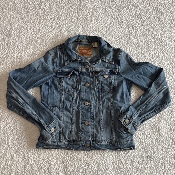 Levis Jean Jacket Women Medium Blue Trucker Biker Western Denim Button Up Top - Picture 2 of 13